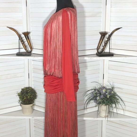 Vintage rare 70s Red Fringe 20s Flapper style elegant Cocktail Dress Sz L - Picture 5 of 13